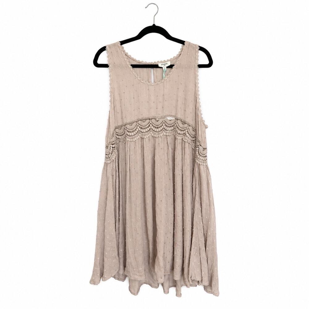 Umgee Lottie Dress Medium Taupe Swiss Dot Lace Boho Babydoll NWT Romantic Beachy